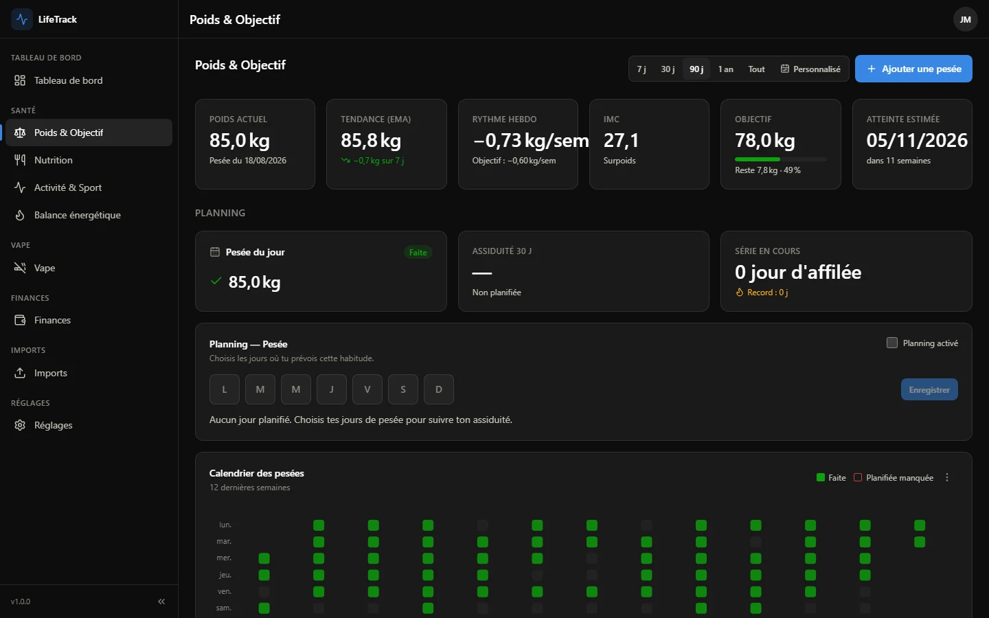 Page Poids & objectif : poids actuel 85,0 kg, tendance lissée à 85,8 kg, rythme de −0,73 kg par semaine, IMC 27,1 et date d’atteinte estimée de l’objectif de 78 kg, avec la courbe des pesées et sa projection.